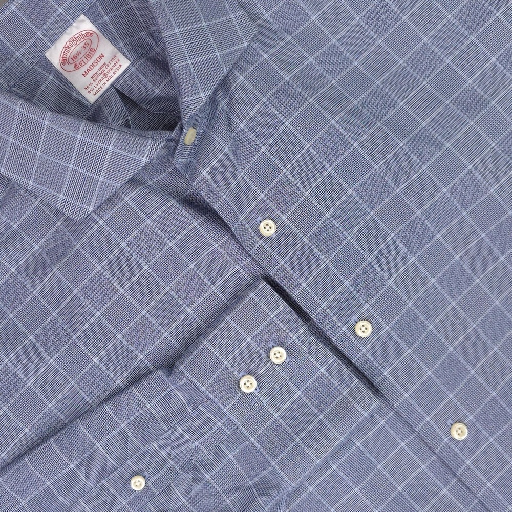Brooks Brothers Shirt Mens 16.5 34/35 Blue Check Madison Non Iron Stretch Supima